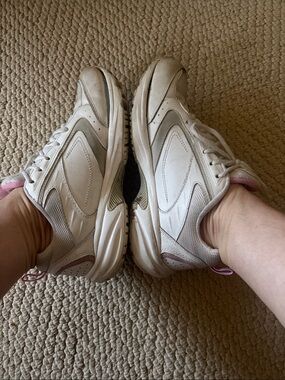 Classic Women's White and Light Pink Walking Sneakers, Well Worn, Stinky